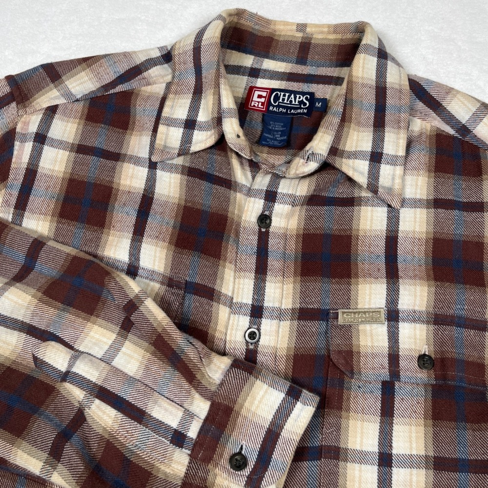 Chaps Ralph Lauren Flannel Shirt Mens M Brown Plaid Cotton Wool Button Down
